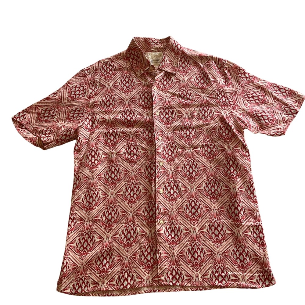 Tasso Elba Island Shirt Mens Medium Red Silk Linen Pineapple Tropical Medium